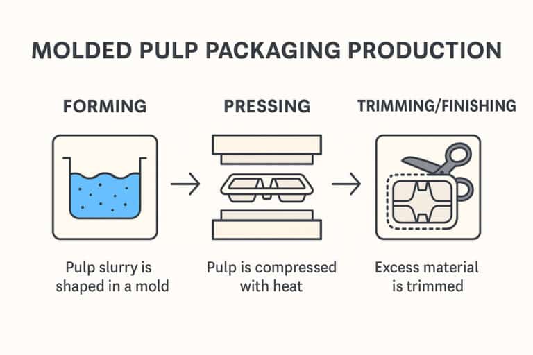 Infographic showing the three stages of molded pulp packaging production: Forming (pulp slurry is shaped in a mold), Pressing (pulp is compressed with heat), and Trimming/Finishing (excess material is trimmed with scissors).