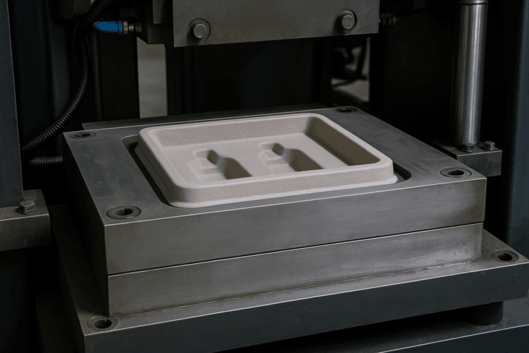 Molded pulp tooling installed inside an automated forming machine, showing precision-engineered mold cavities ready for production.