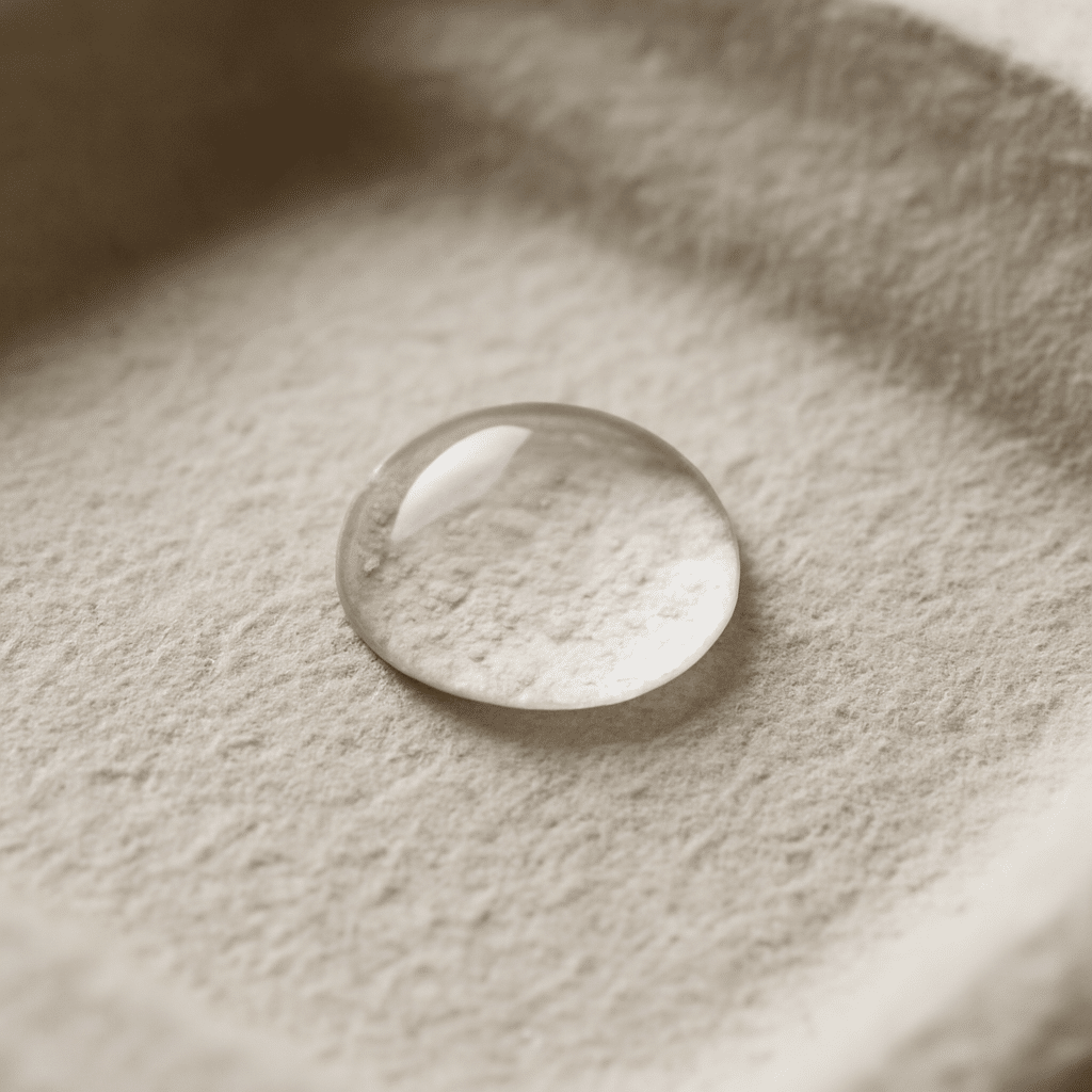 Single clear water droplet resting on a textured molded pulp surface in a close-up view.