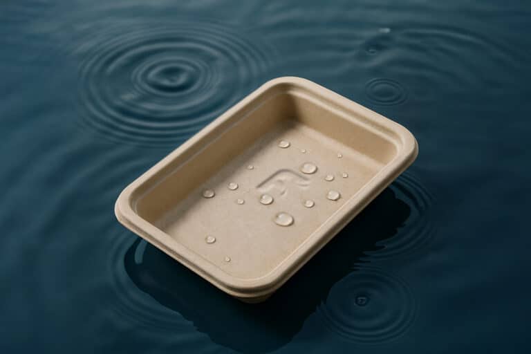 Beige molded pulp tray floating on water, with visible water droplets on its surface and ripples surrounding it.